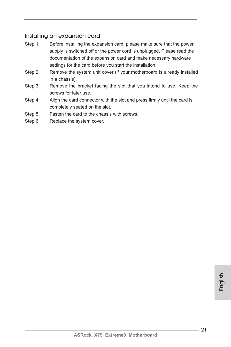 English installing an expansion card | ASRock X79 Extreme9 User Manual | Page 21 / 246
