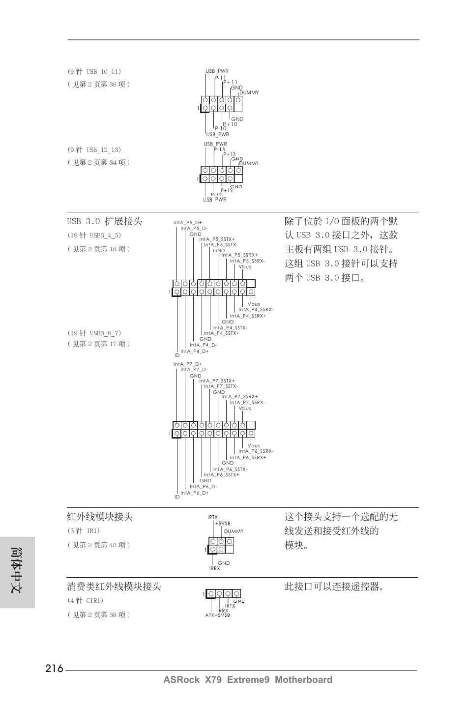 簡體中文, Asrock x79 extreme9 motherboard, 消費類紅外線模塊接頭 此接口可以連接遙控器 | Usb 3.0 擴展接頭 除了位於 i/o 面板的兩個默, 認 usb 3.0 接口之外，這款, 紅外線模塊接頭 這個接頭支持一個選配的無, 線發送和接受紅外線的 | ASRock X79 Extreme9 User Manual | Page 216 / 246
