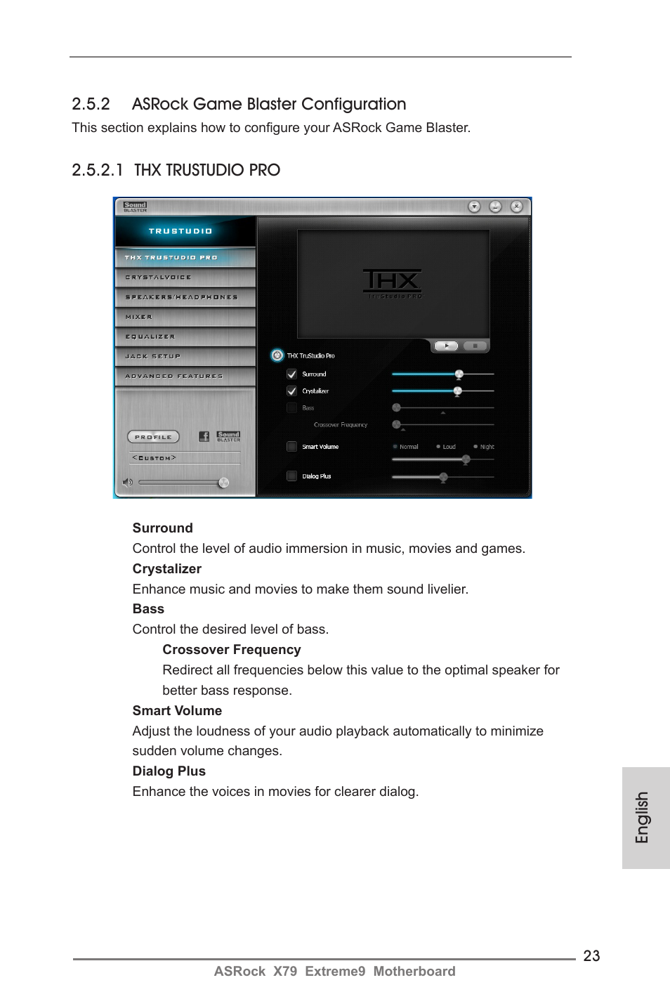 English 2.5.2 asrock game blaster configuration, 1 thx trustudio pro | ASRock X79 Extreme9 User Manual | Page 23 / 246