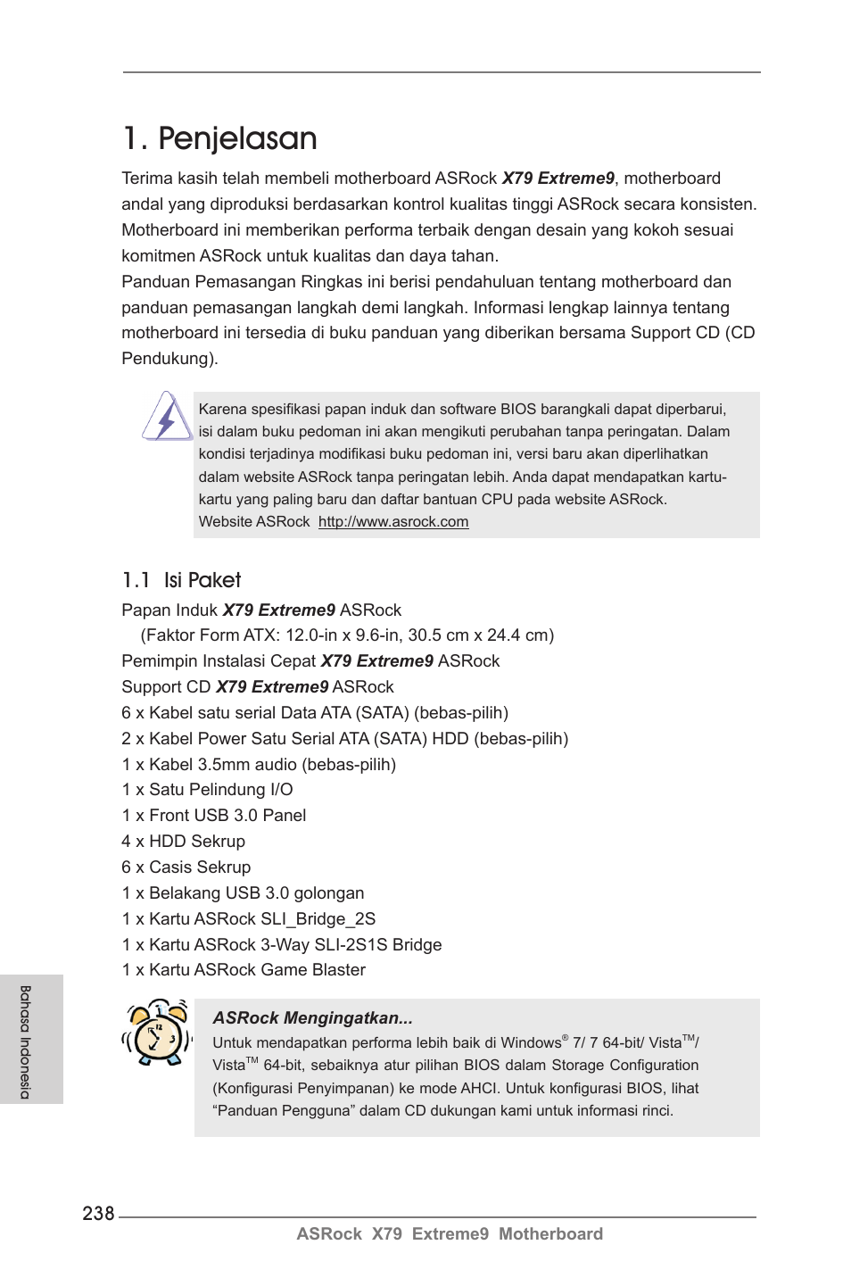 Indonesian, Penjelasan, 1 isi paket | ASRock X79 Extreme9 User Manual | Page 238 / 246