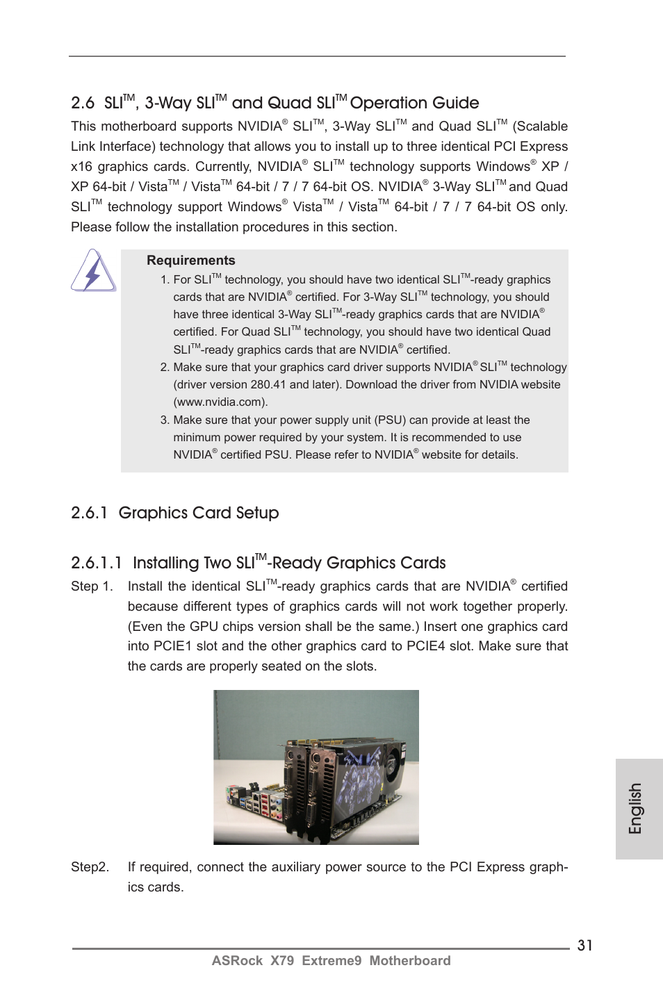 English 2.6 sli, Way sli, And quad sli | Operation guide, Ready graphics cards | ASRock X79 Extreme9 User Manual | Page 31 / 246