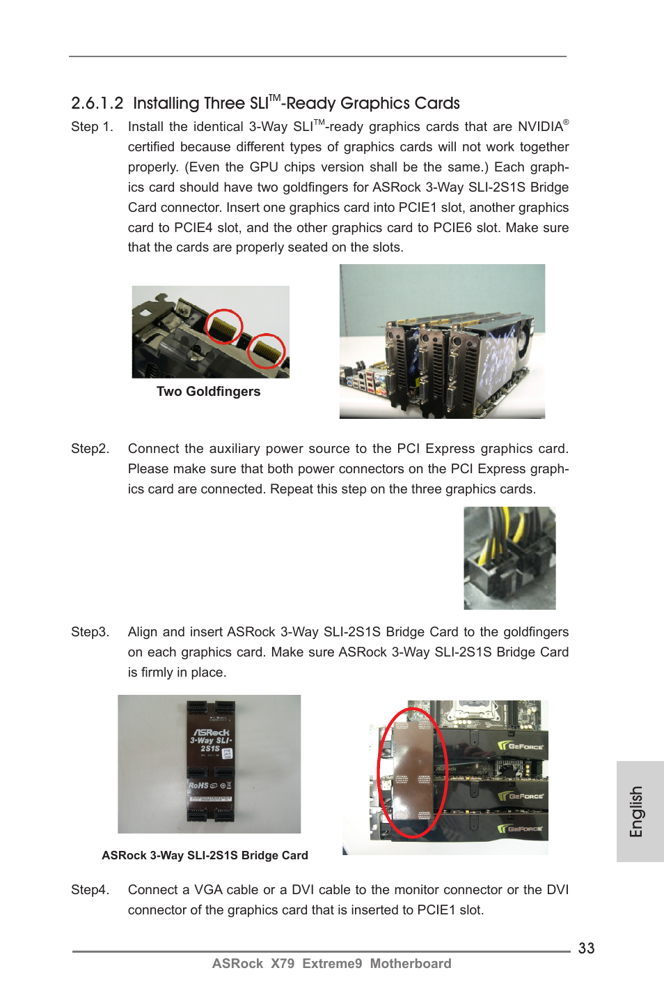 English 2.6.1.2 installing three sli, Ready graphics cards | ASRock X79 Extreme9 User Manual | Page 33 / 246