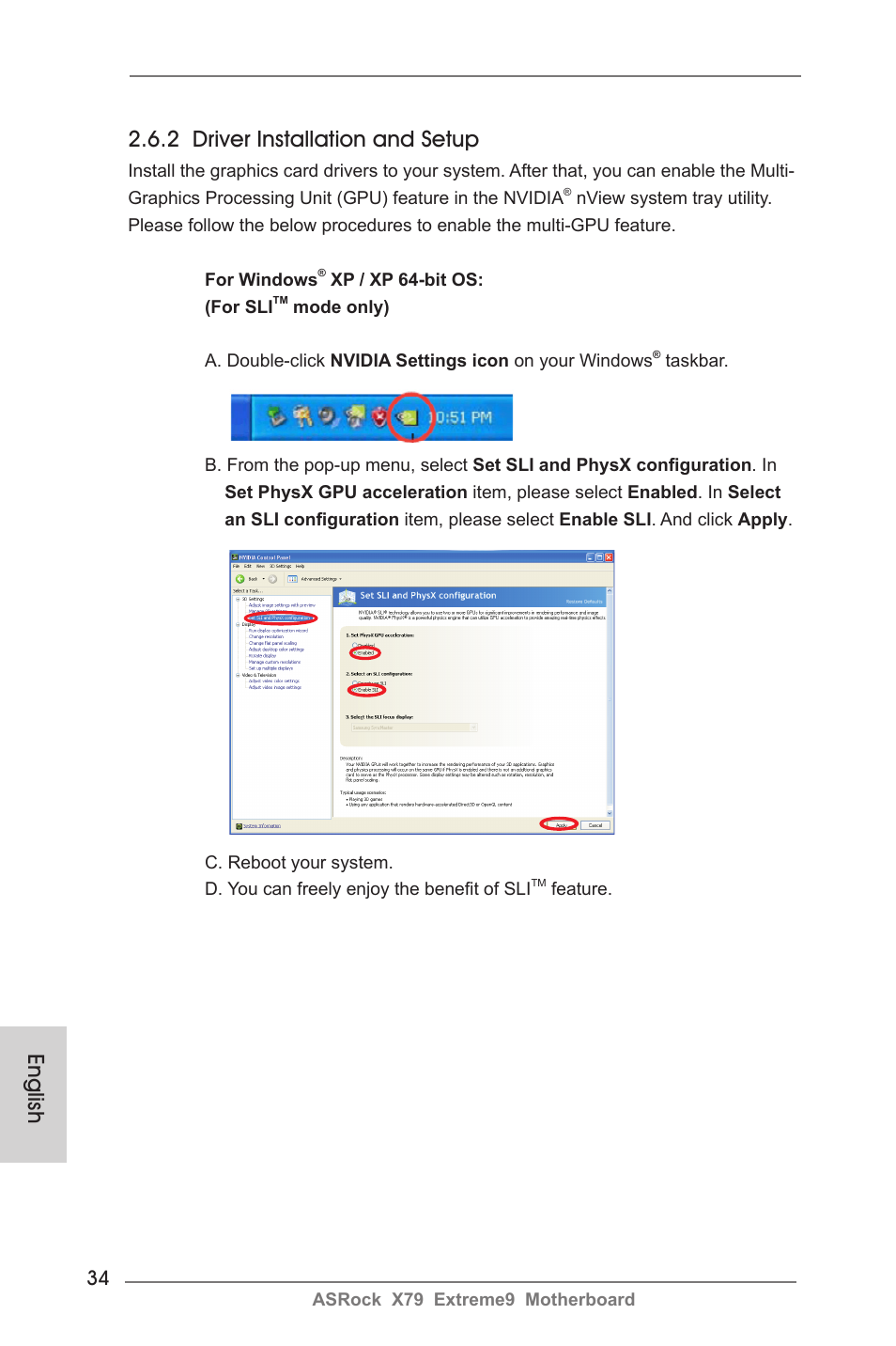 English 2.6.2 driver installation and setup | ASRock X79 Extreme9 User Manual | Page 34 / 246