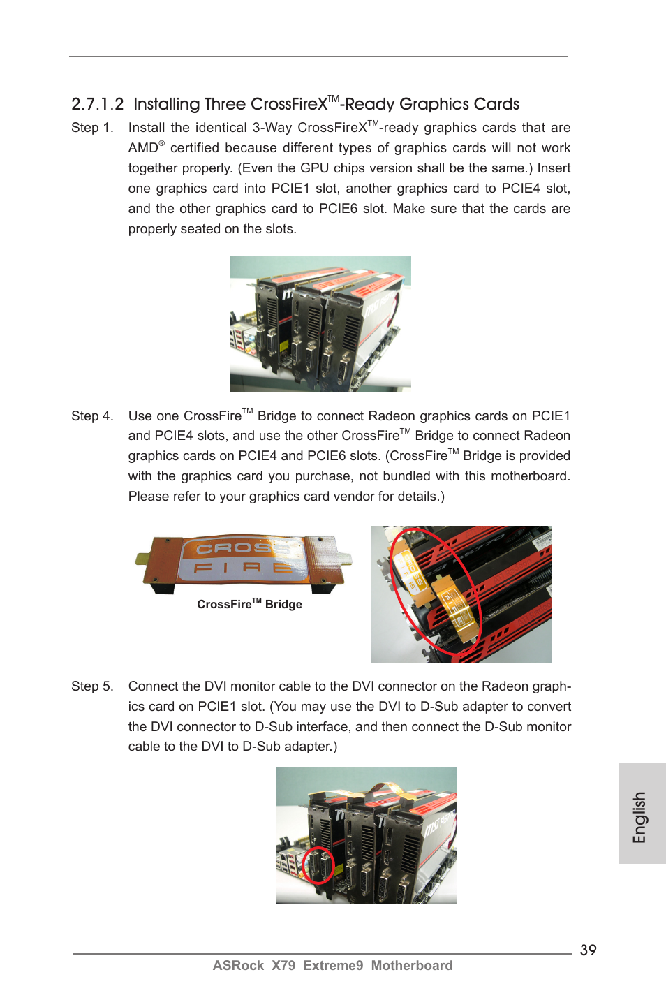 English 2.7.1.2 installing three crossfirex, Ready graphics cards | ASRock X79 Extreme9 User Manual | Page 39 / 246