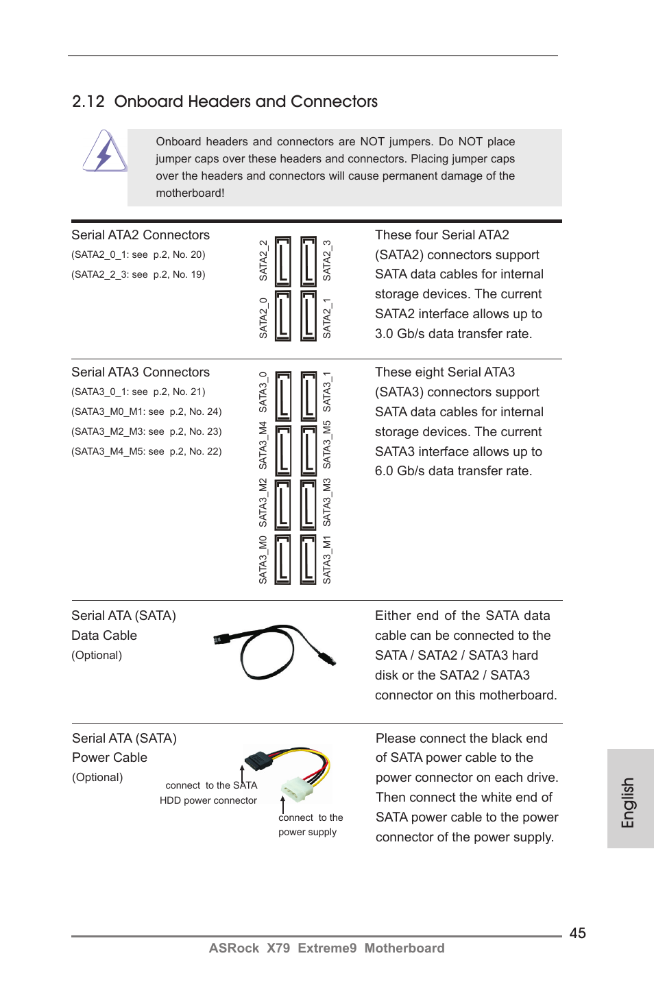 English, 12 onboard headers and connectors | ASRock X79 Extreme9 User Manual | Page 45 / 246