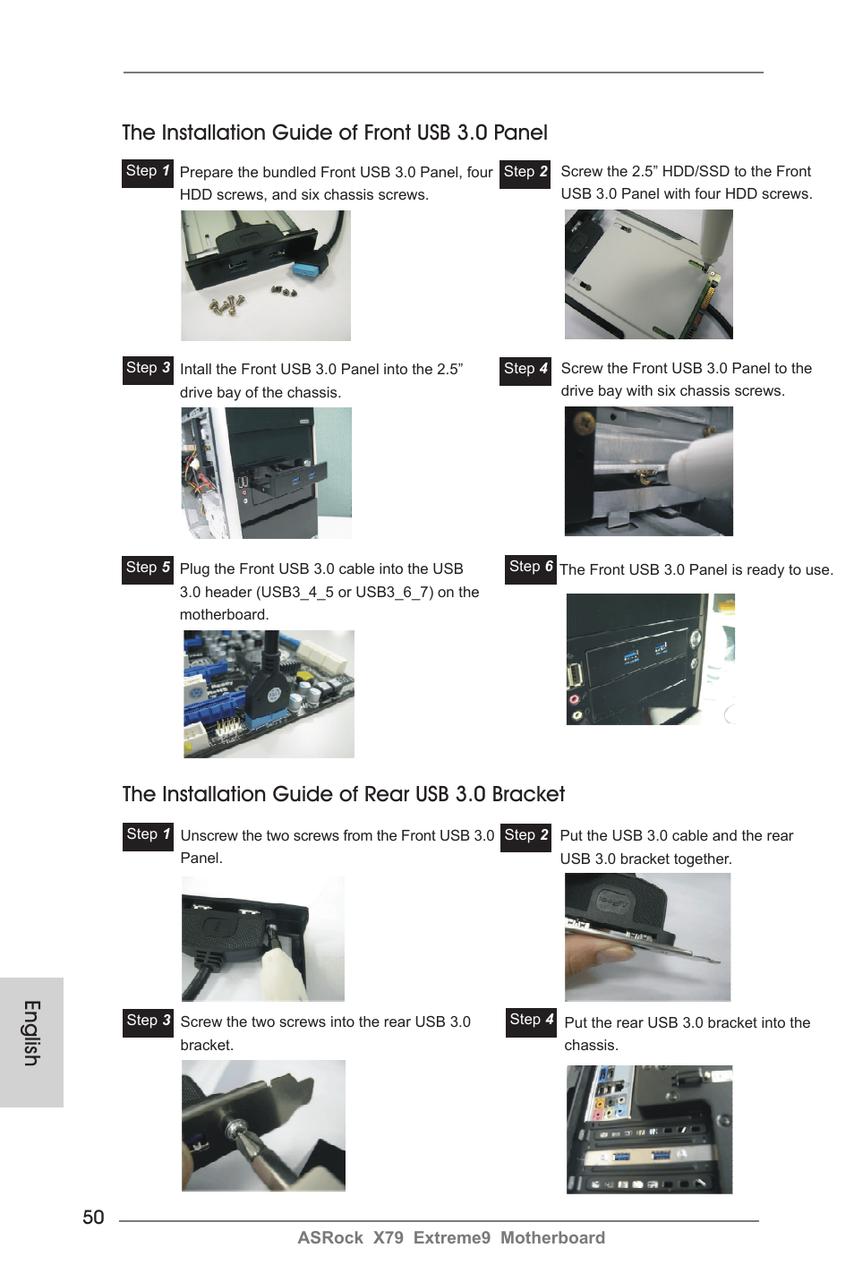 The installation guide of rear usb 3.0 bracket | ASRock X79 Extreme9 User Manual | Page 50 / 246