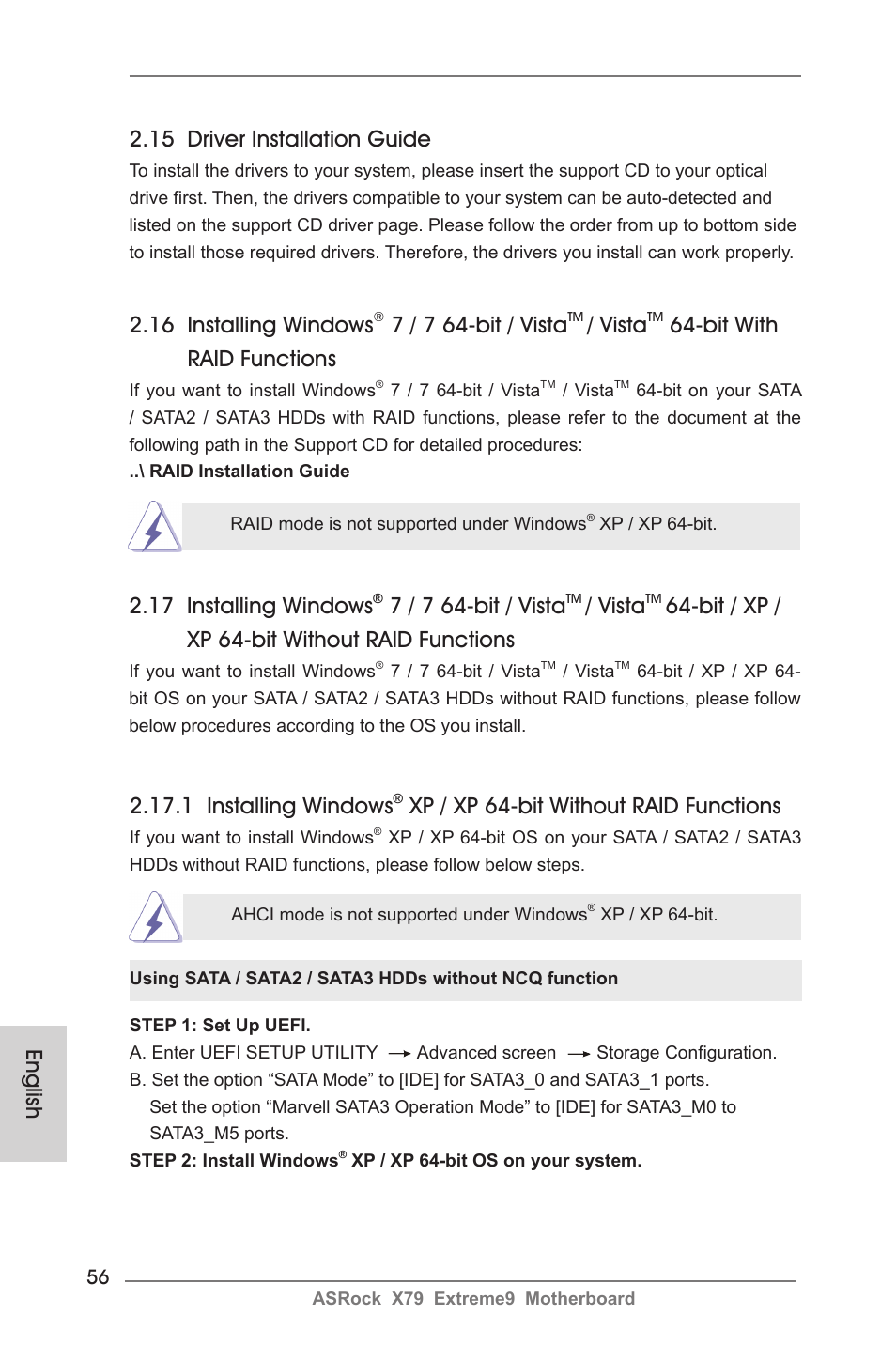 English 2.15 driver installation guide, 16 installing windows, 7 / 7 64-bit / vista | Vista, Bit with raid functions, 1 installing windows, Xp / xp 64-bit without raid functions, 17 installing windows, Bit / xp / xp 64-bit without raid functions | ASRock X79 Extreme9 User Manual | Page 56 / 246