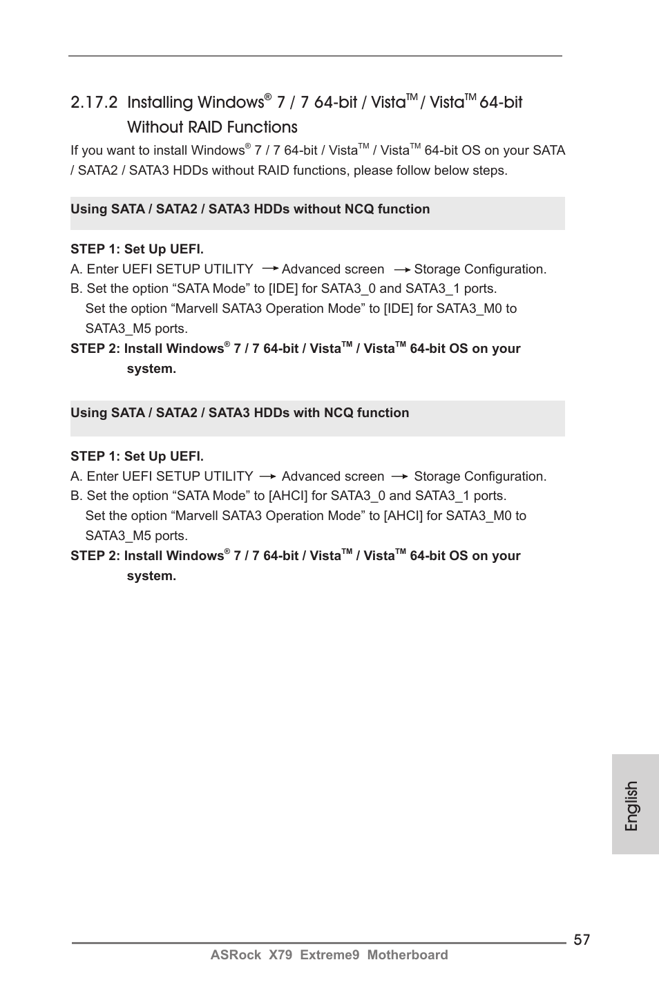 English, 2 installing windows, 7 / 7 64-bit / vista | Vista, Bit without raid functions | ASRock X79 Extreme9 User Manual | Page 57 / 246