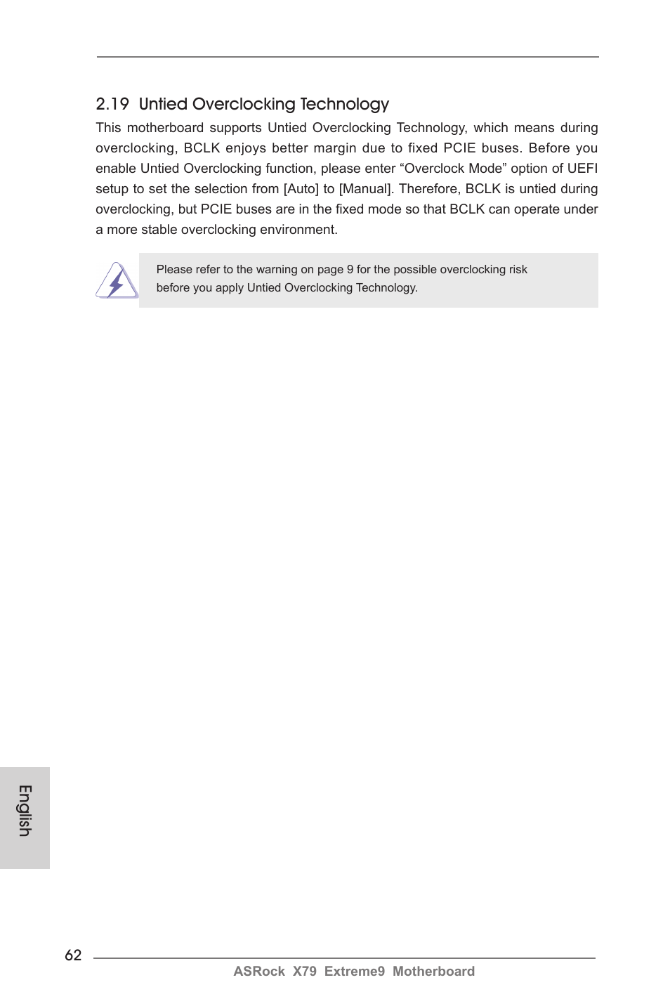English 2.19 untied overclocking technology | ASRock X79 Extreme9 User Manual | Page 62 / 246