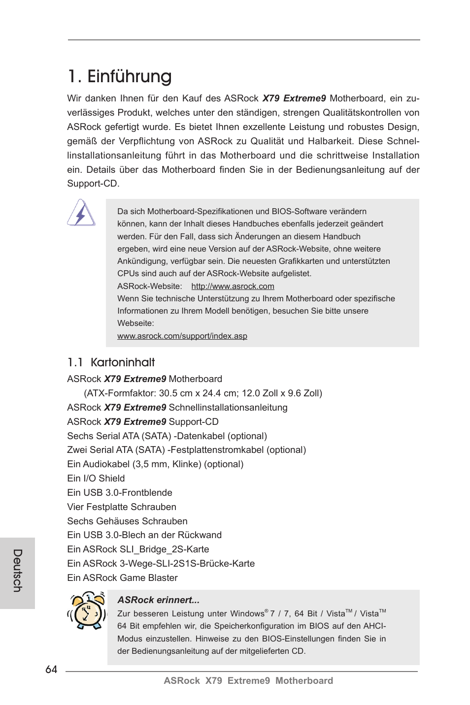 German, Einführung, 1 kartoninhalt | Deutsch | ASRock X79 Extreme9 User Manual | Page 64 / 246