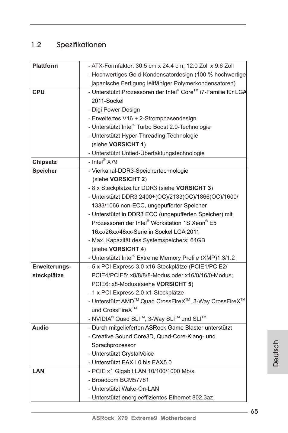 Deutsch 1.2 spezifikationen | ASRock X79 Extreme9 User Manual | Page 65 / 246