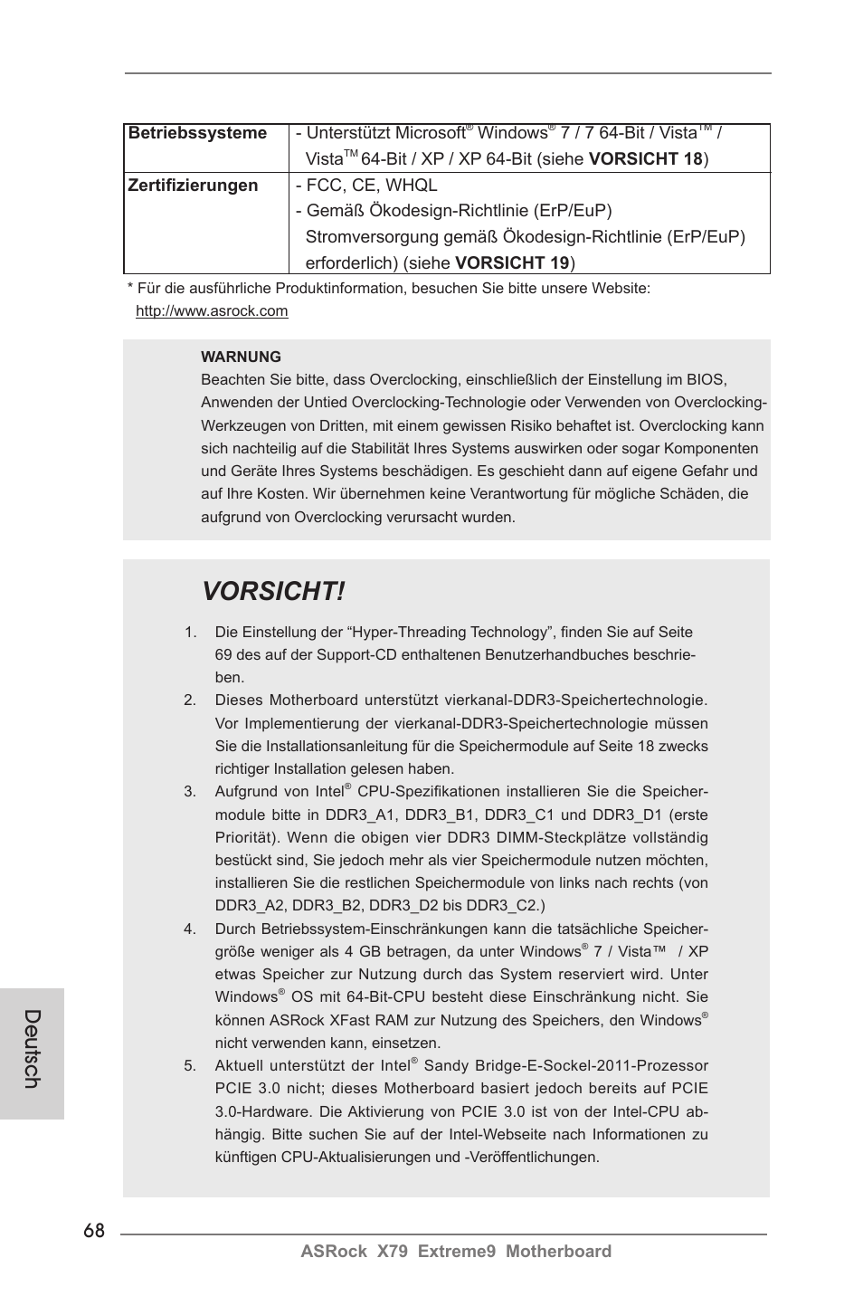 Vorsicht, Deutsch | ASRock X79 Extreme9 User Manual | Page 68 / 246
