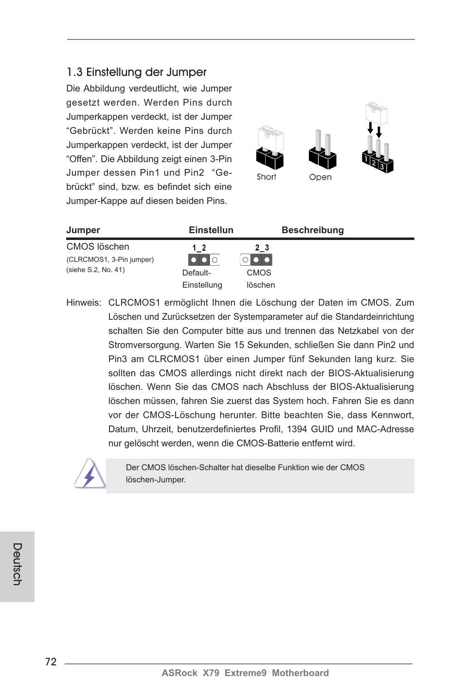 Deutsch 1.3 einstellung der jumper | ASRock X79 Extreme9 User Manual | Page 72 / 246
