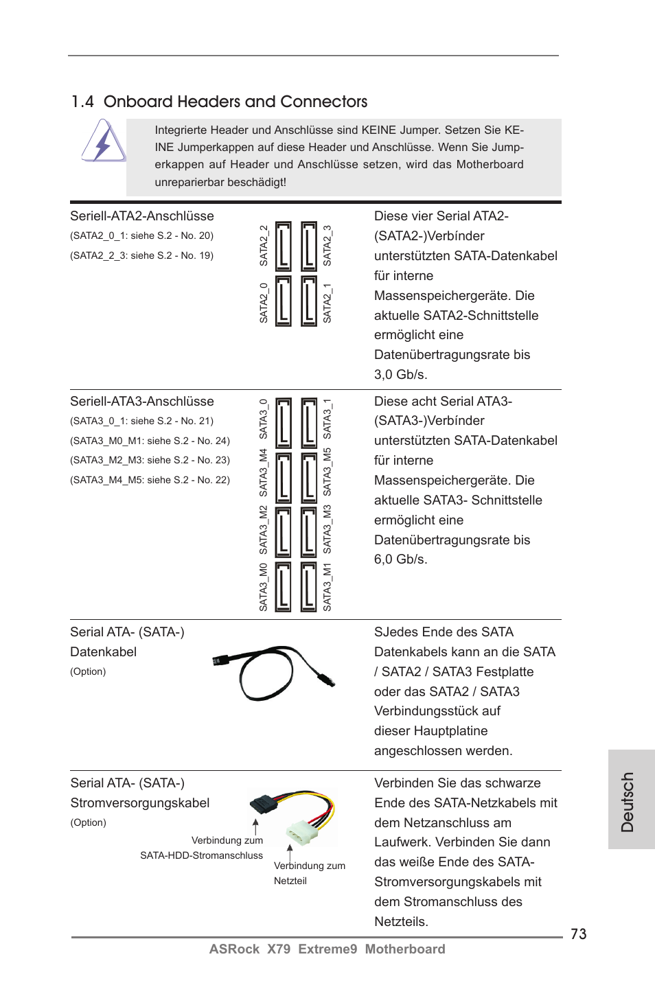 Deutsch, 4 onboard headers and connectors | ASRock X79 Extreme9 User Manual | Page 73 / 246