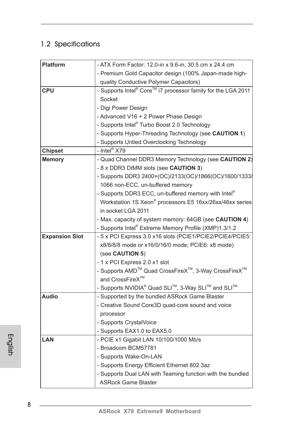 English 1.2 specifications | ASRock X79 Extreme9 User Manual | Page 8 / 246