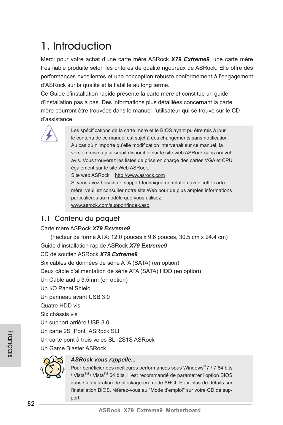 French, Introduction, Français 1.1 contenu du paquet | ASRock X79 Extreme9 User Manual | Page 82 / 246