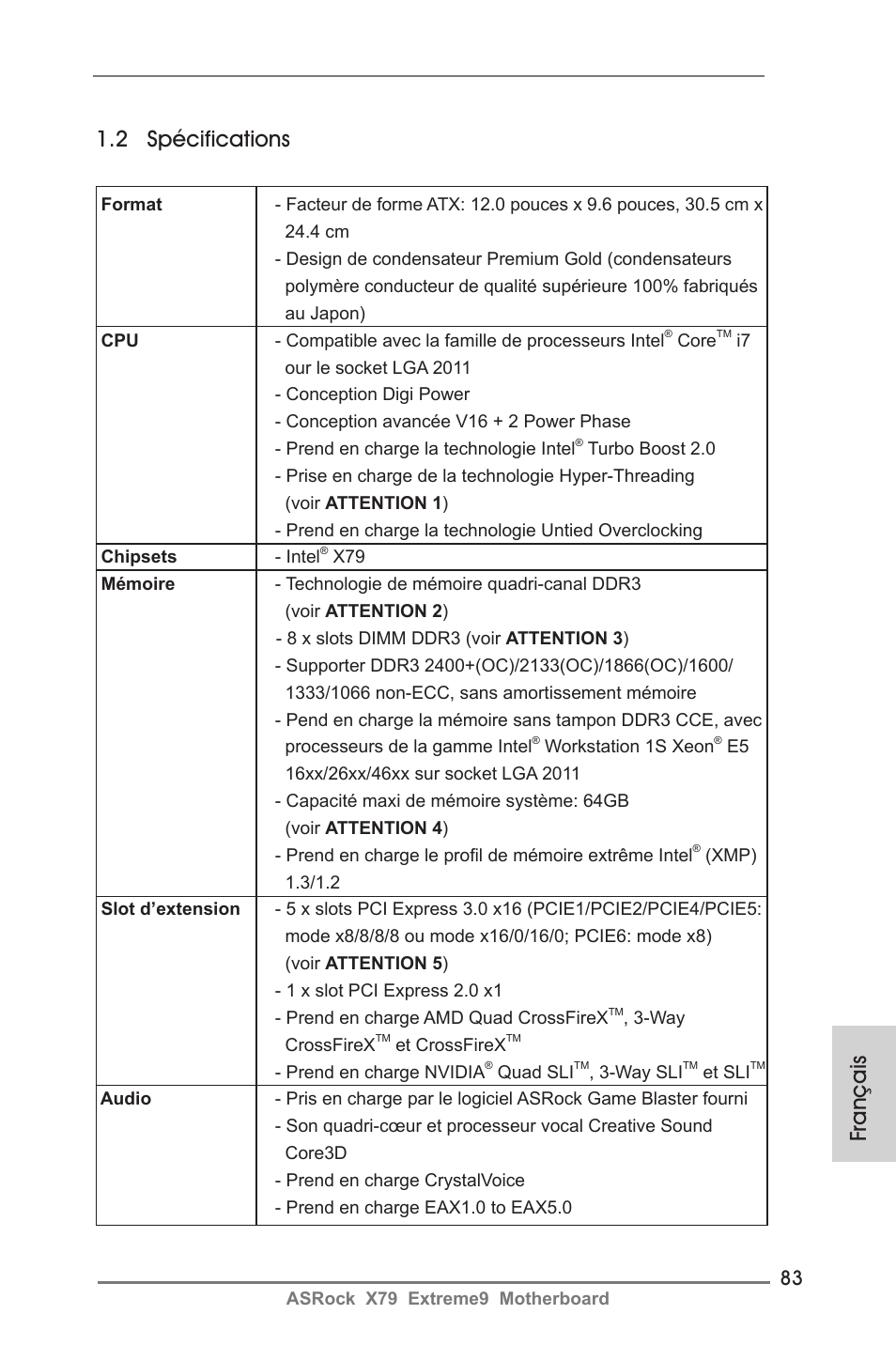 Français 1.2 spécifications | ASRock X79 Extreme9 User Manual | Page 83 / 246