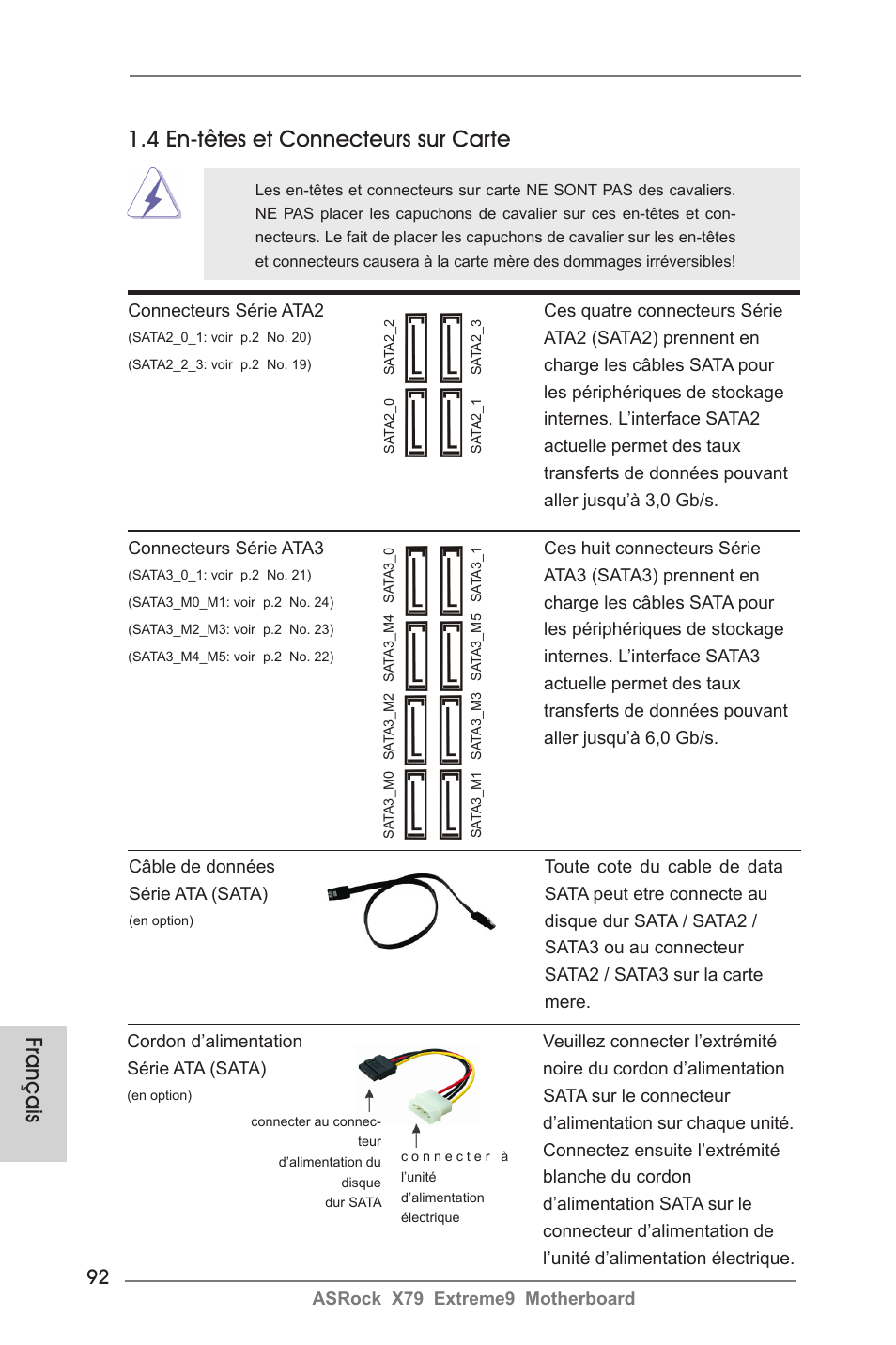 Français, 4 en-têtes et connecteurs sur carte | ASRock X79 Extreme9 User Manual | Page 92 / 246