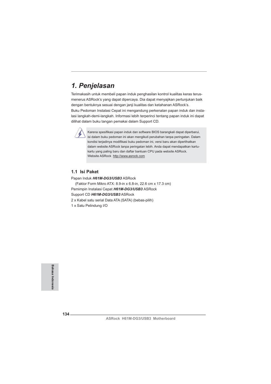 Indonesian, Penjelasan, 1 isi paket | ASRock H61M-DG3__USB3 User Manual | Page 134 / 138