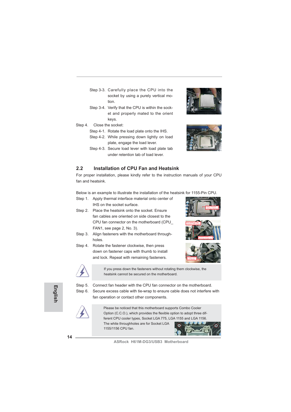 English, 2 installation of cpu fan and heatsink | ASRock H61M-DG3__USB3 User Manual | Page 14 / 138