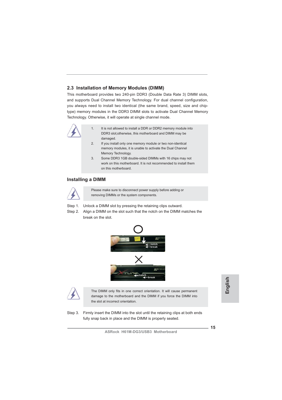 Installing a dimm | ASRock H61M-DG3__USB3 User Manual | Page 15 / 138