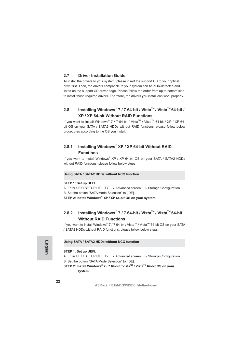 English 2.7 driver installation guide, 8 installing windows, 7 / 7 64-bit / vista | Vista, Bit / xp / xp 64-bit without raid functions, 1 installing windows, Xp / xp 64-bit without raid functions, 2 installing windows, Bit without raid functions | ASRock H61M-DG3__USB3 User Manual | Page 22 / 138