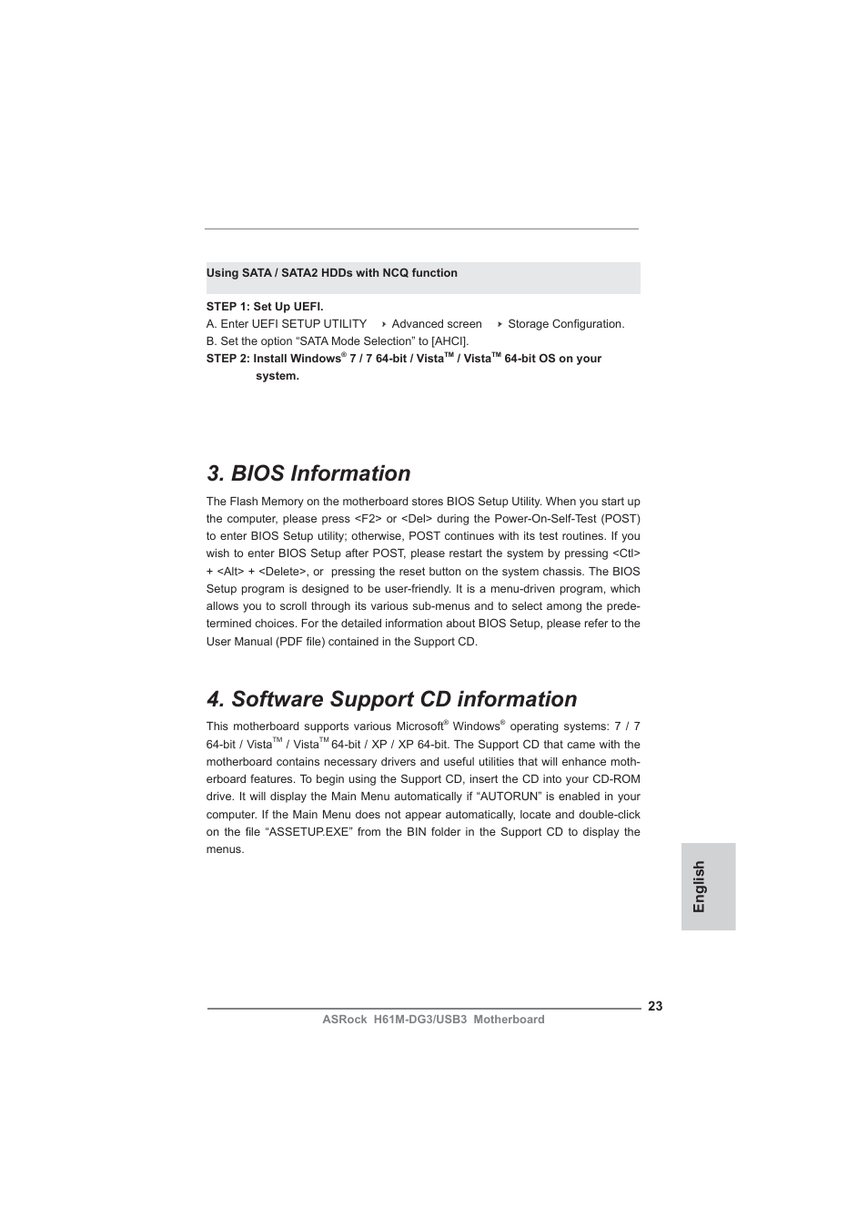 Bios information, Software support cd information, English | ASRock H61M-DG3__USB3 User Manual | Page 23 / 138