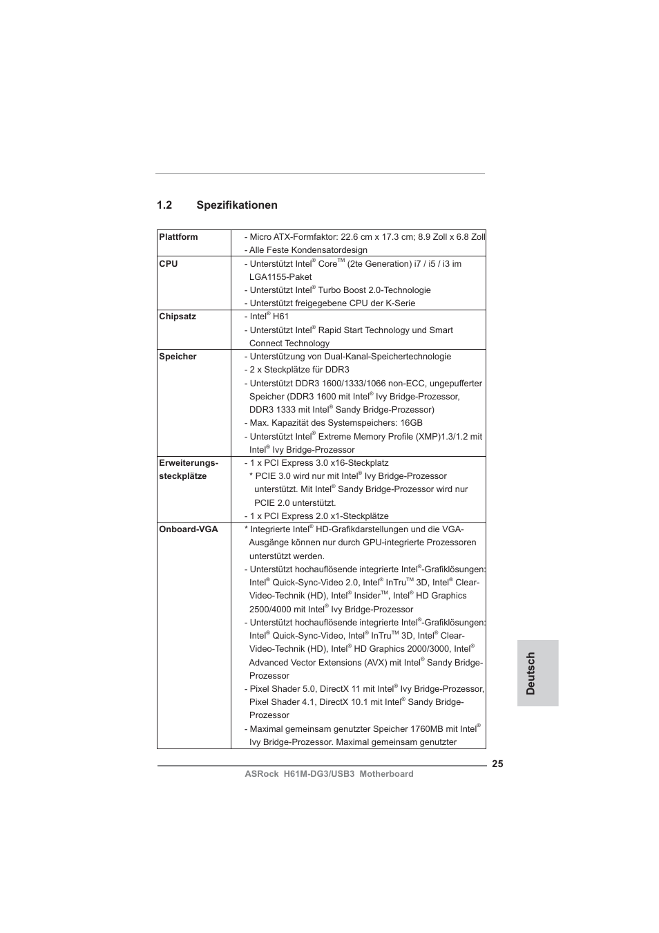Deutsch 1.2 spezifi kationen | ASRock H61M-DG3__USB3 User Manual | Page 25 / 138