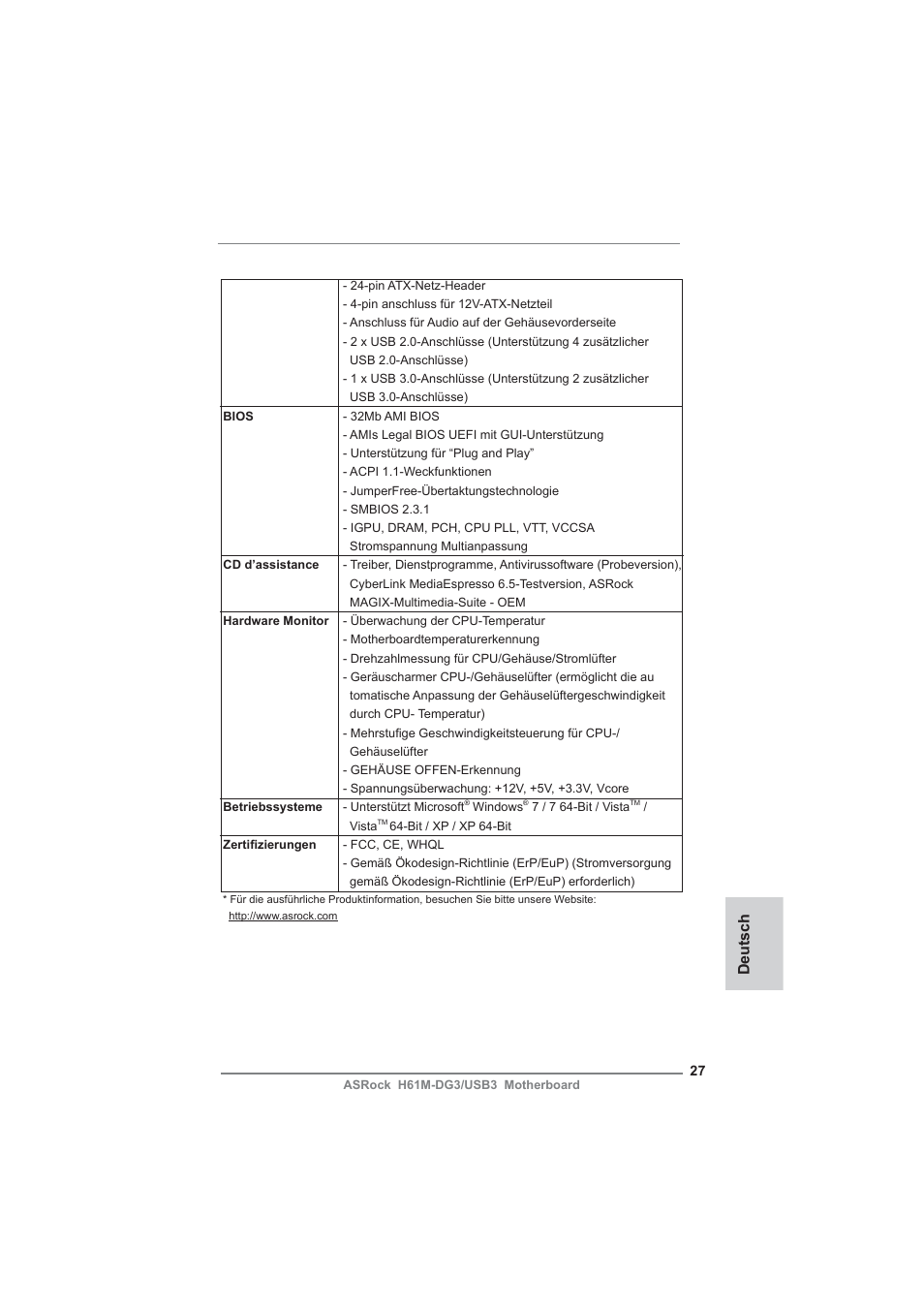 Deutsch | ASRock H61M-DG3__USB3 User Manual | Page 27 / 138