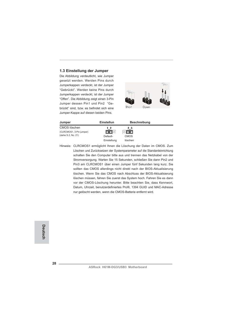 Deutsch 1.3 einstellung der jumper | ASRock H61M-DG3__USB3 User Manual | Page 28 / 138