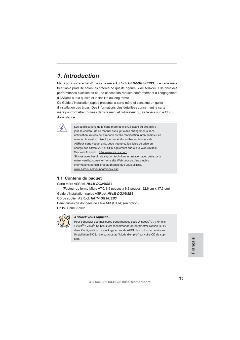 French, Introduction, 1 contenu du paquet | Français | ASRock H61M-DG3__USB3 User Manual | Page 35 / 138