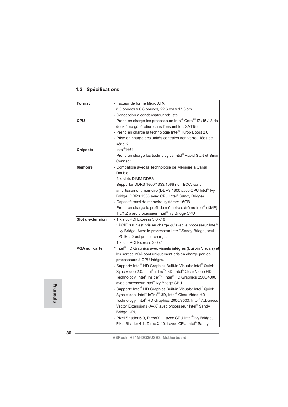 2 spécifi cations, Français | ASRock H61M-DG3__USB3 User Manual | Page 36 / 138