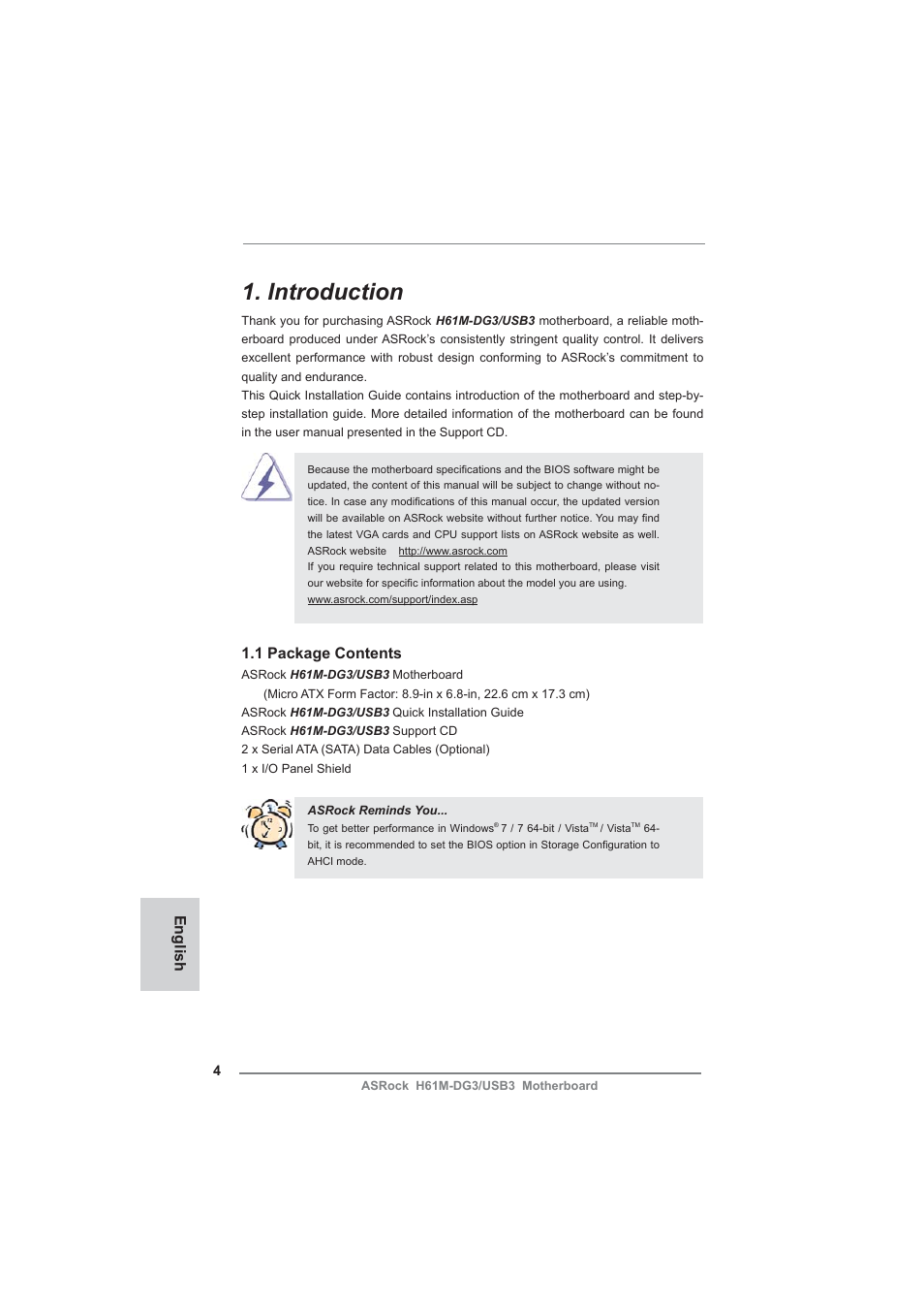 Introduction, English, 1 package contents | ASRock H61M-DG3__USB3 User Manual | Page 4 / 138