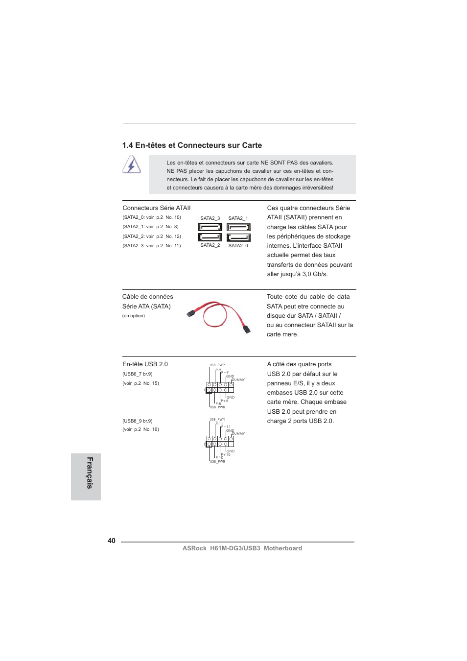 Français 1.4 en-têtes et connecteurs sur carte | ASRock H61M-DG3__USB3 User Manual | Page 40 / 138