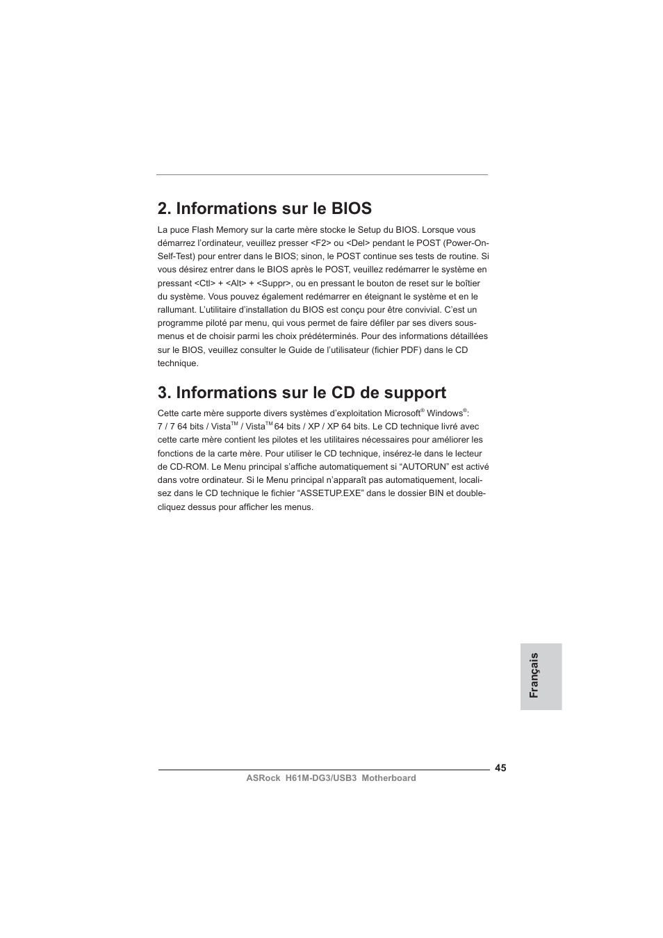 Informations sur le bios, Informations sur le cd de support | ASRock H61M-DG3__USB3 User Manual | Page 45 / 138