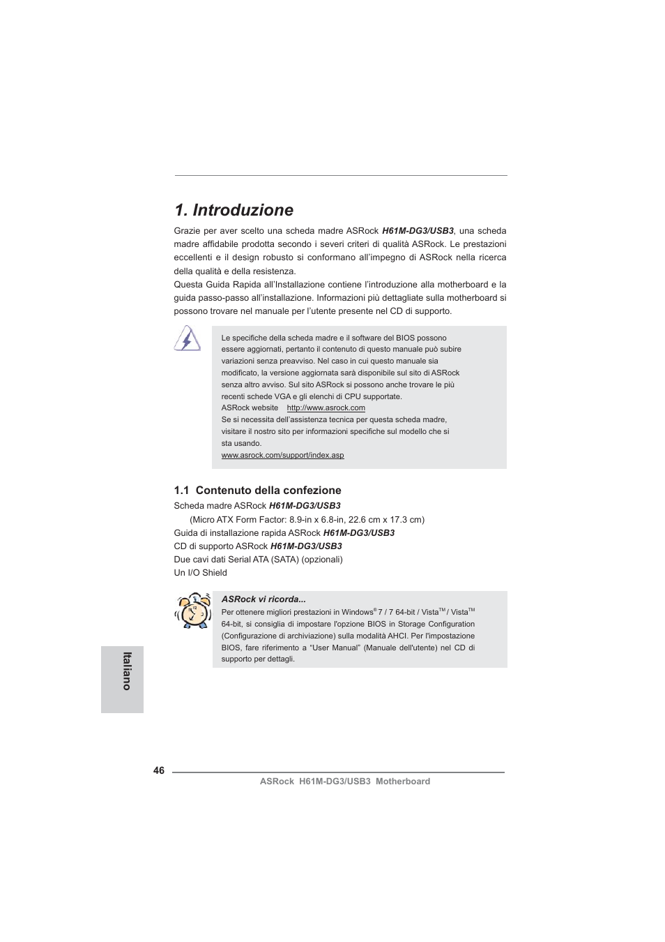 Italian, Introduzione, 1 contenuto della confezione | Italiano | ASRock H61M-DG3__USB3 User Manual | Page 46 / 138