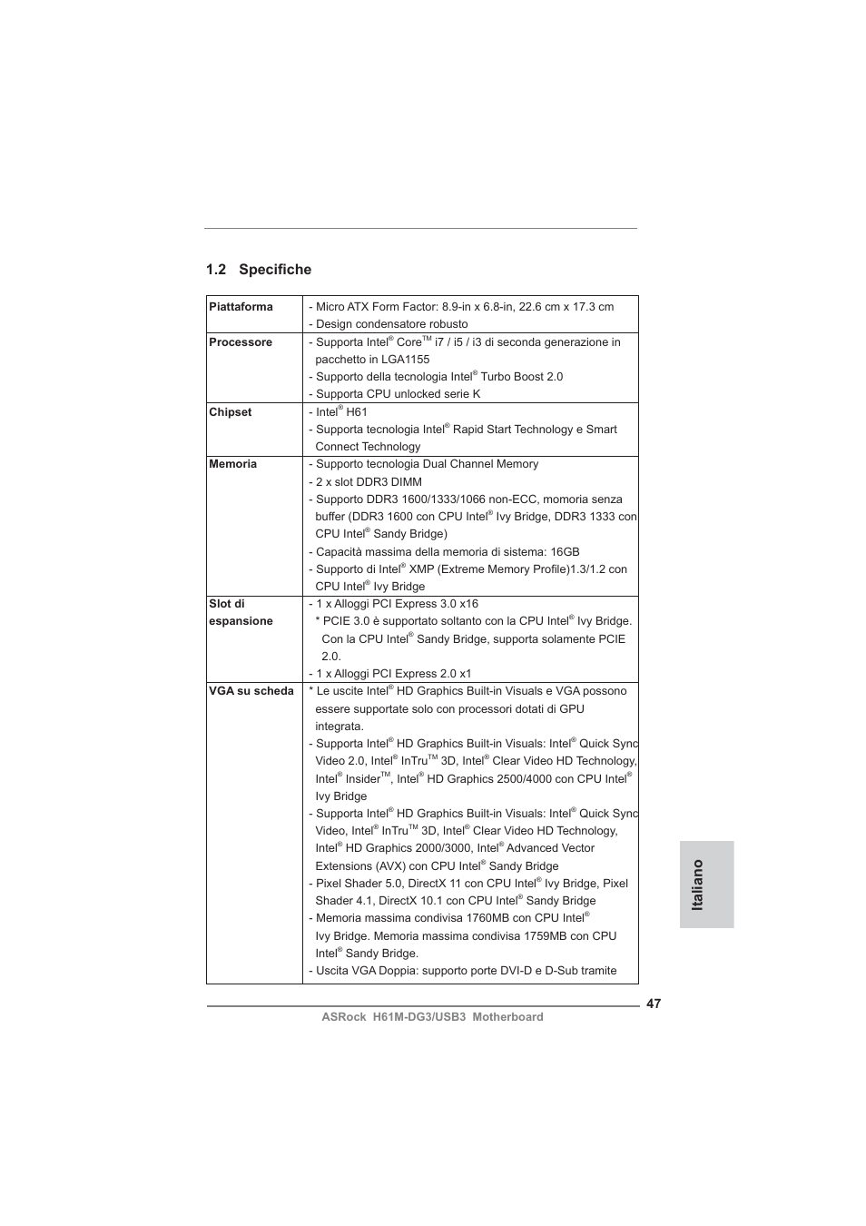 Italiano 1.2 specifi che | ASRock H61M-DG3__USB3 User Manual | Page 47 / 138