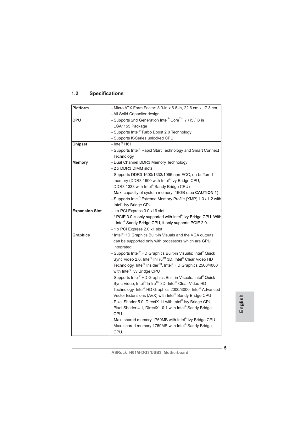 English 1.2 specifi cations | ASRock H61M-DG3__USB3 User Manual | Page 5 / 138