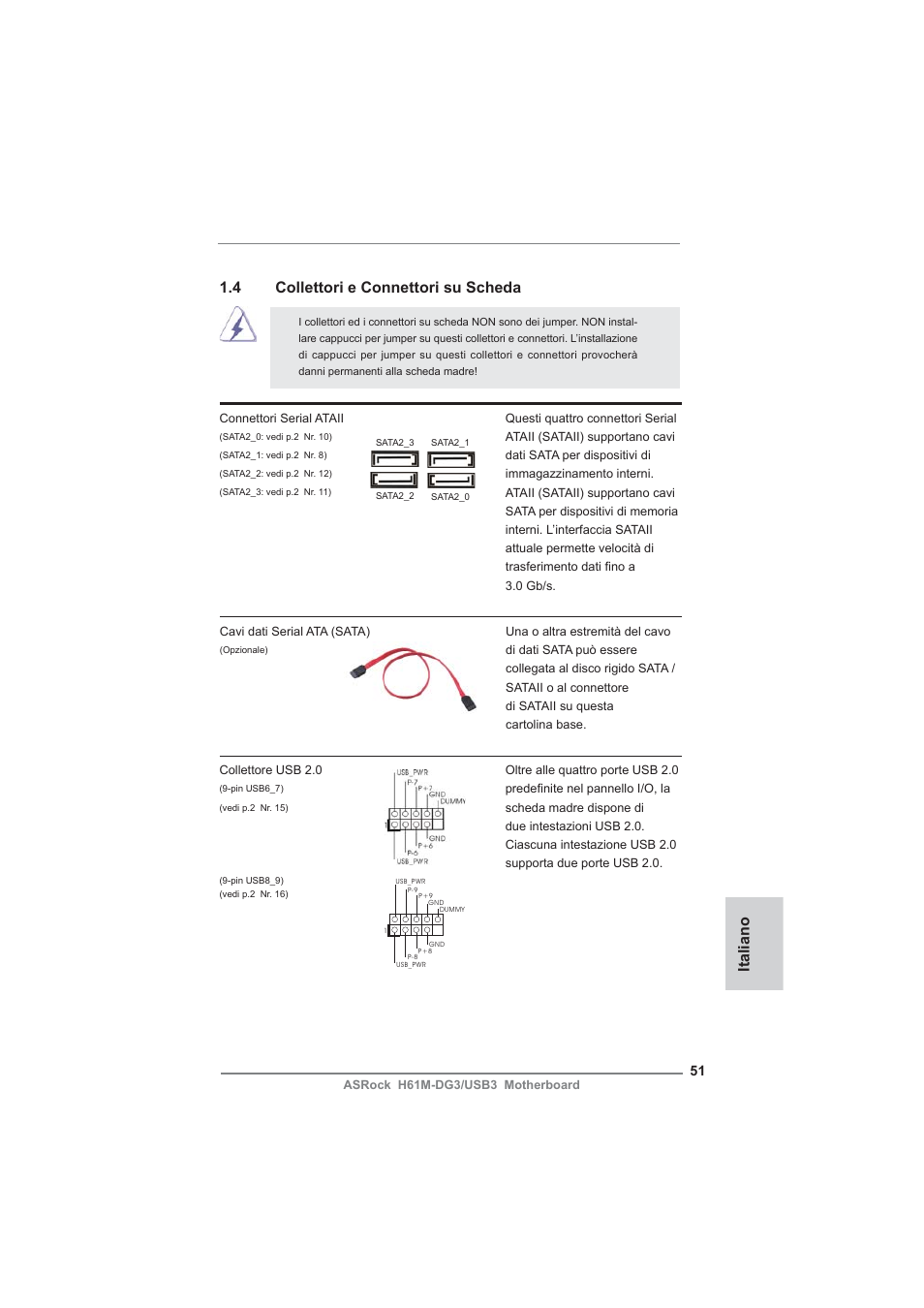 Italiano, 4 collettori e connettori su scheda | ASRock H61M-DG3__USB3 User Manual | Page 51 / 138