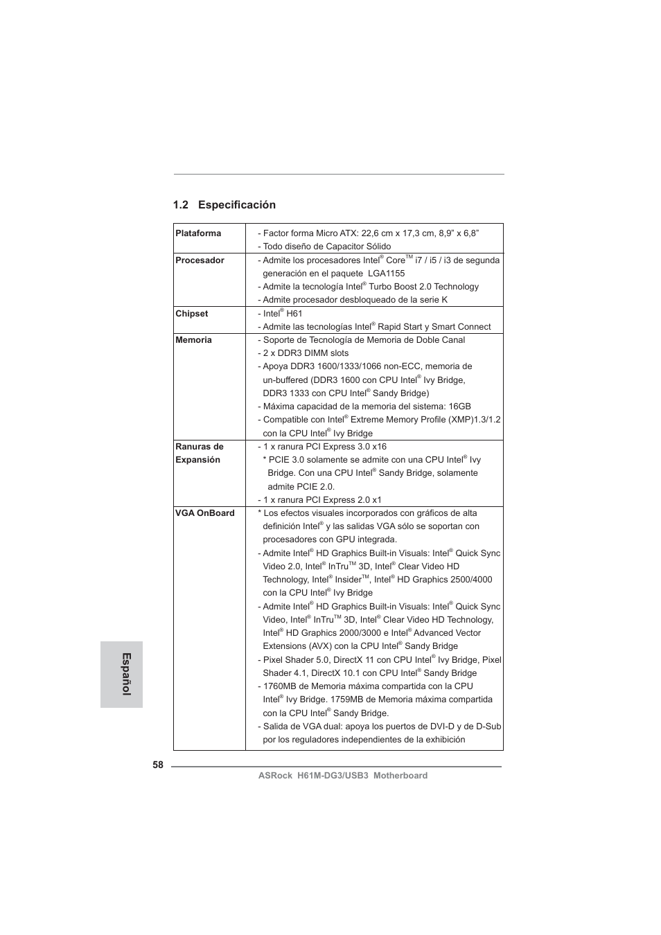 2 especifi cación, Español | ASRock H61M-DG3__USB3 User Manual | Page 58 / 138