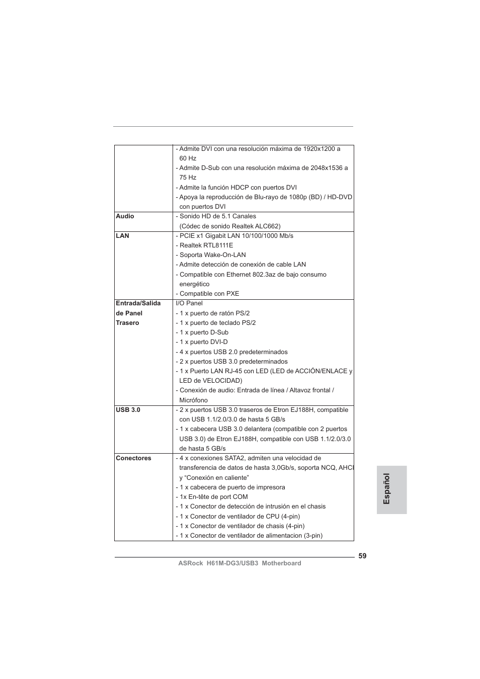 Español | ASRock H61M-DG3__USB3 User Manual | Page 59 / 138