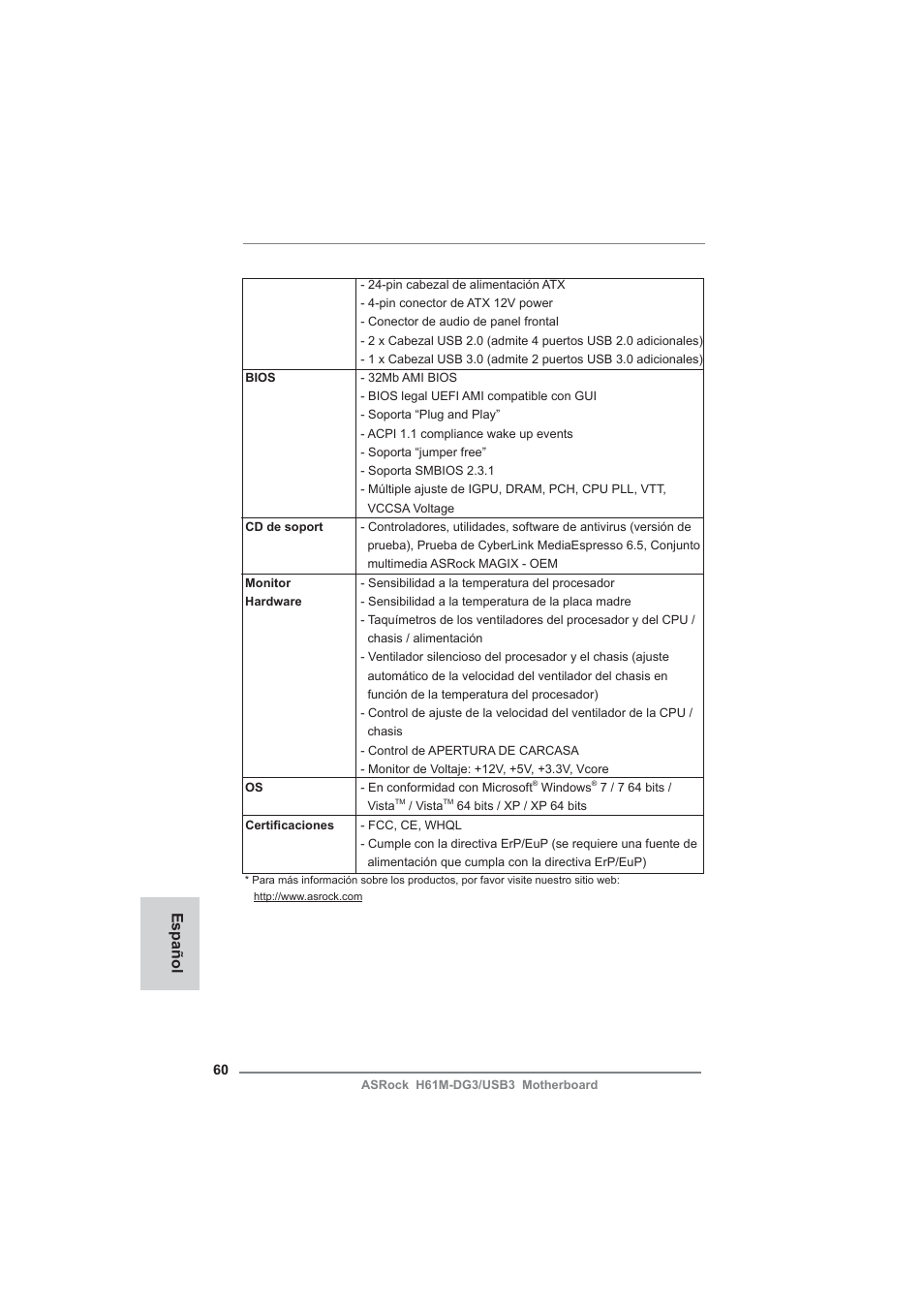 Español | ASRock H61M-DG3__USB3 User Manual | Page 60 / 138