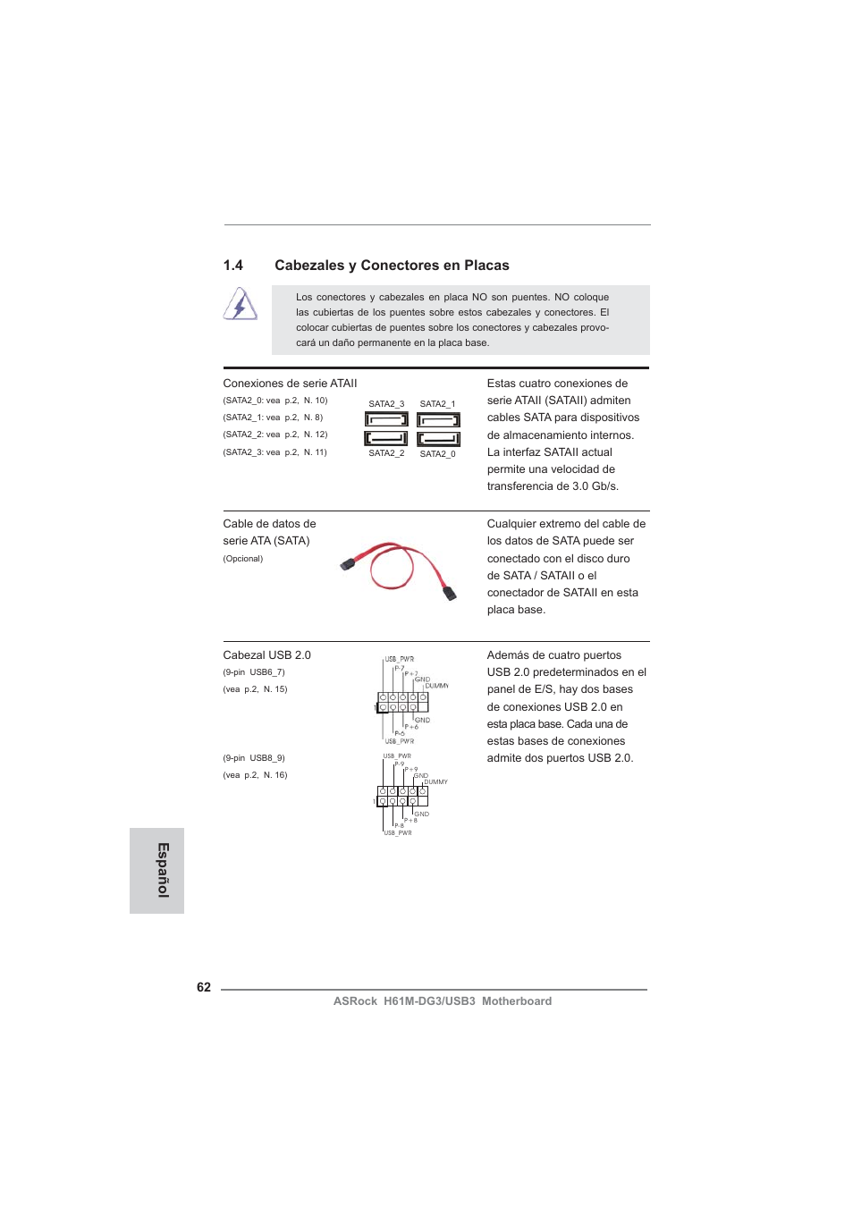 4 cabezales y conectores en placas, Español | ASRock H61M-DG3__USB3 User Manual | Page 62 / 138