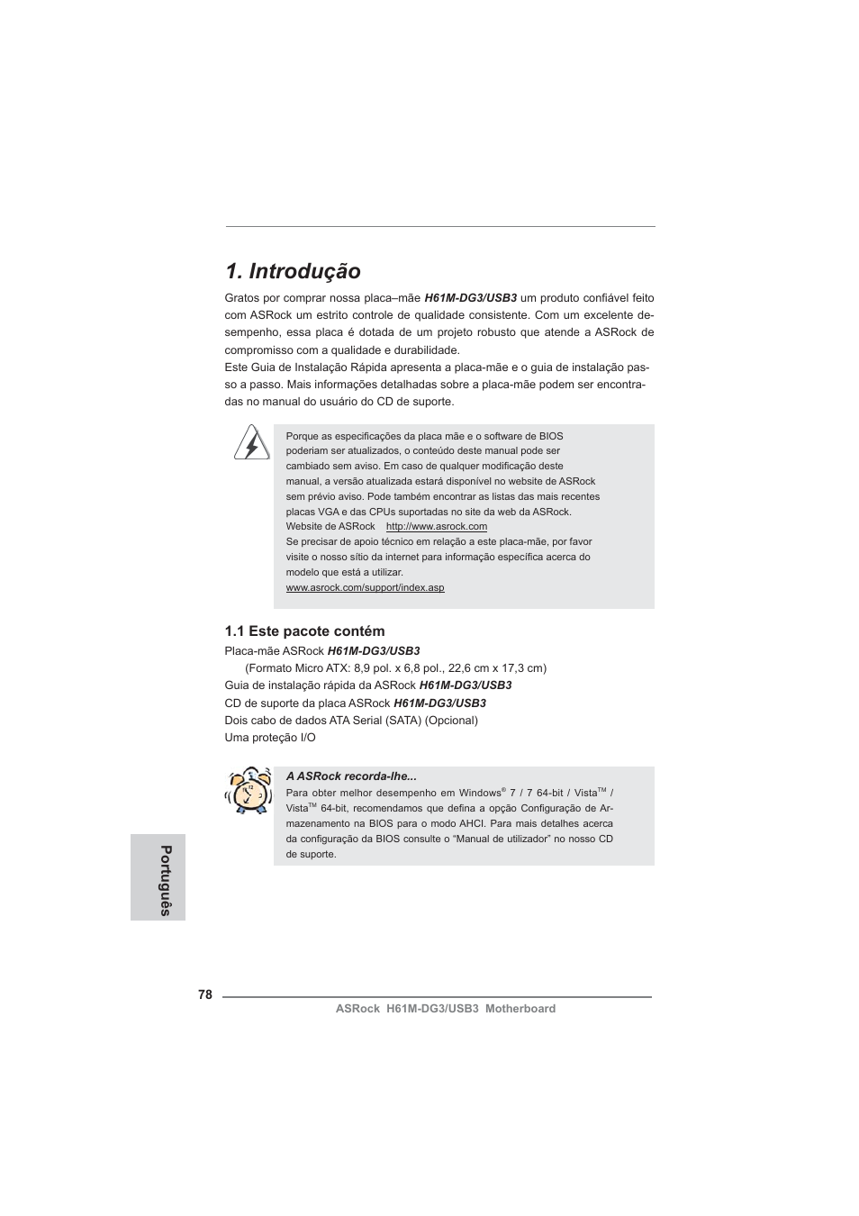 Portuguese, Introdução, 1 este pacote contém | Português | ASRock H61M-DG3__USB3 User Manual | Page 78 / 138