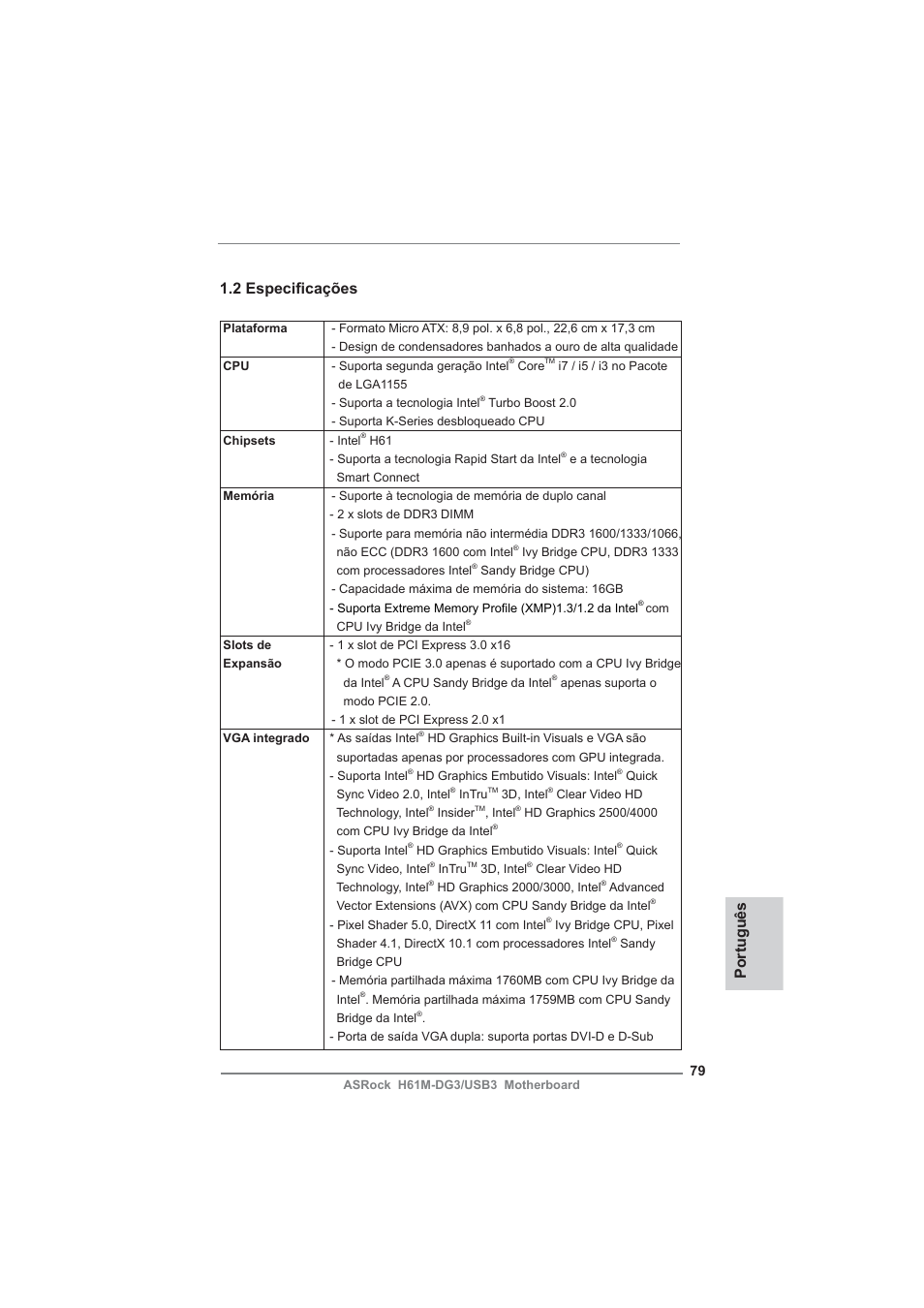 Português 1.2 especifi cações | ASRock H61M-DG3__USB3 User Manual | Page 79 / 138