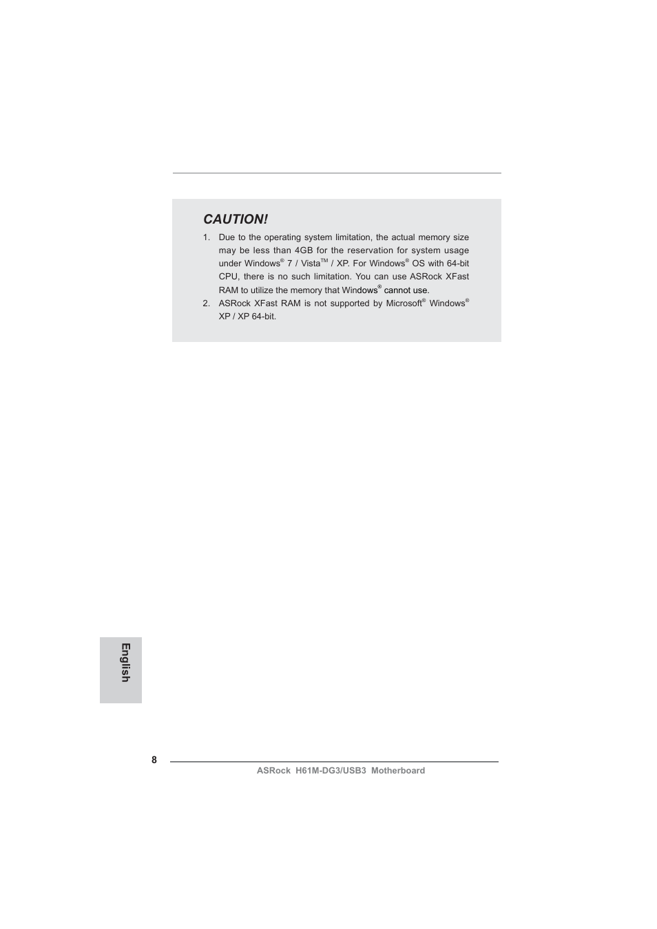 Caution, English | ASRock H61M-DG3__USB3 User Manual | Page 8 / 138