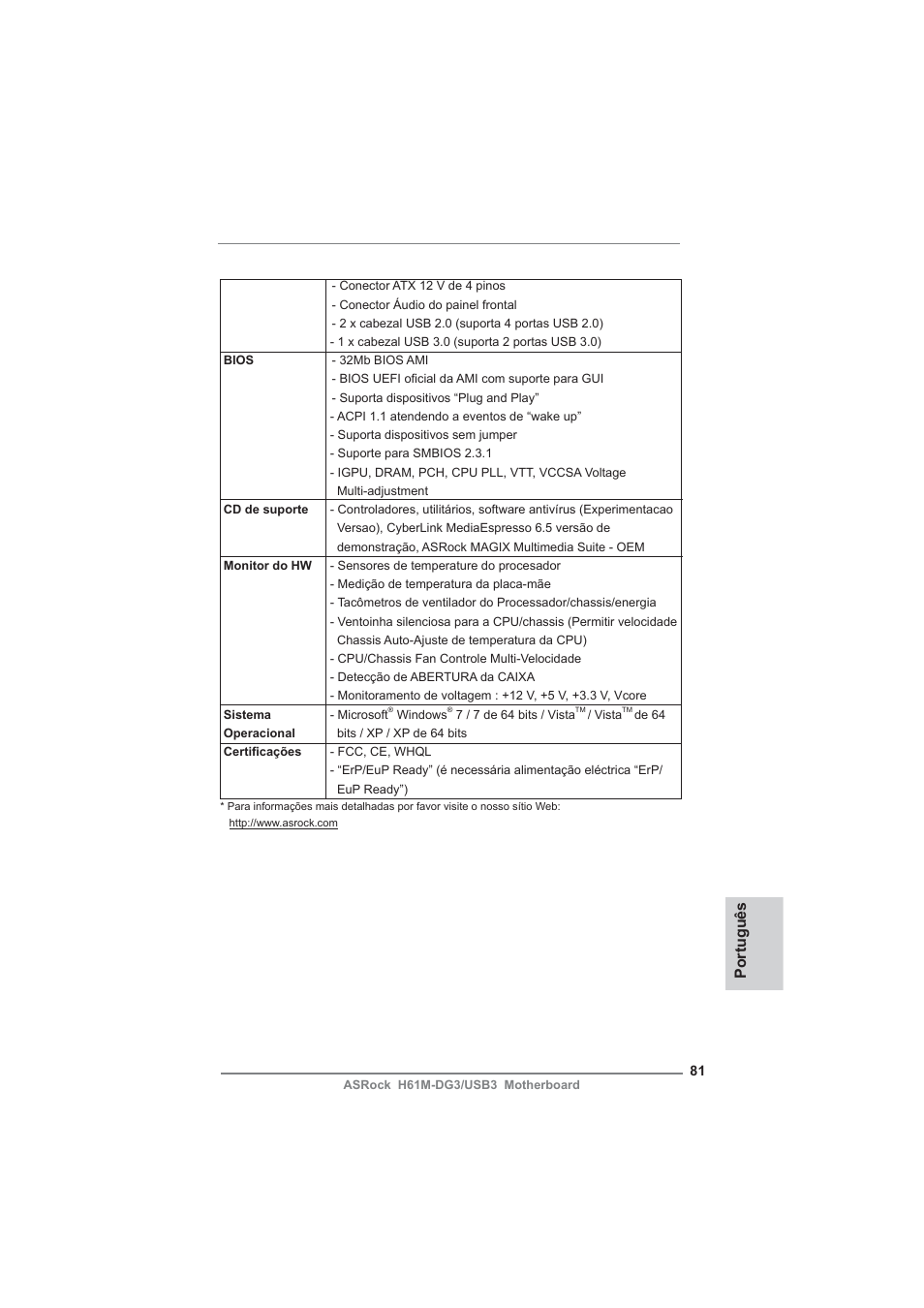 Português | ASRock H61M-DG3__USB3 User Manual | Page 81 / 138