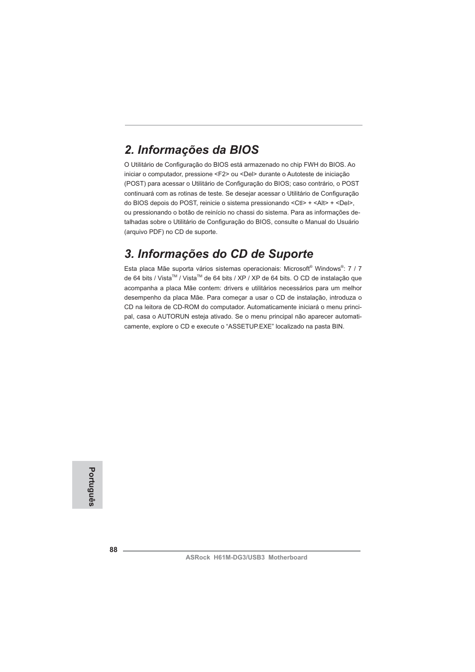 Informações da bios, Informações do cd de suporte | ASRock H61M-DG3__USB3 User Manual | Page 88 / 138