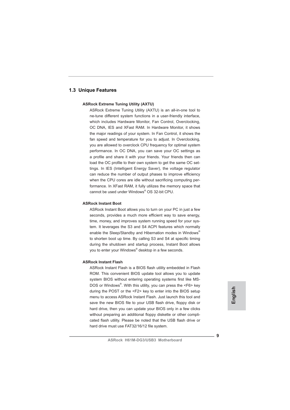 English 1.3 unique features | ASRock H61M-DG3__USB3 User Manual | Page 9 / 138