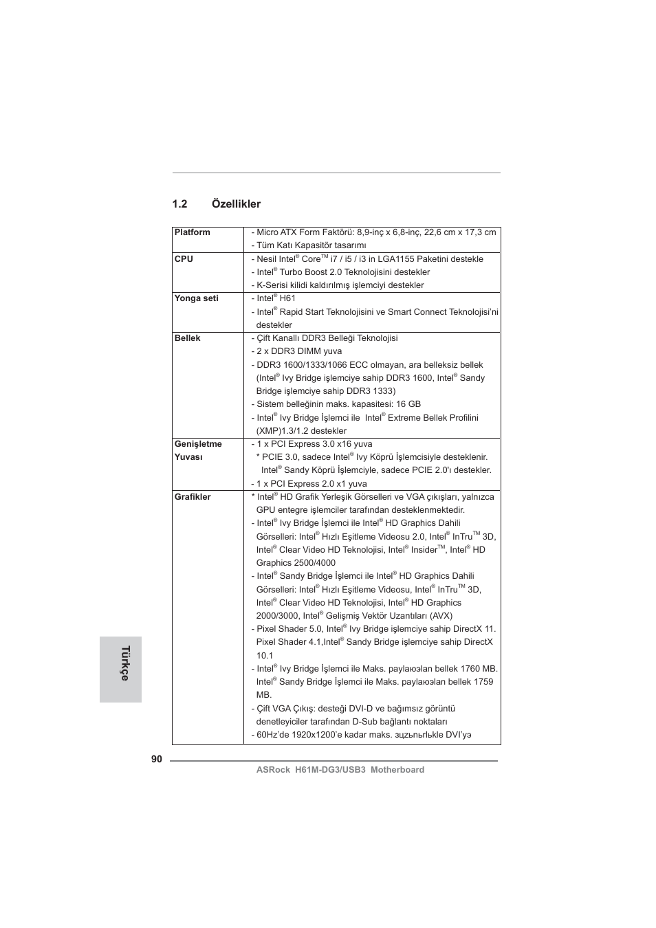 2 özellikler, Türkçe | ASRock H61M-DG3__USB3 User Manual | Page 90 / 138